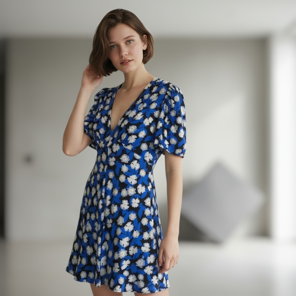 Staud Blue Floral Puff Sleeve Mini Dress Size 6 V-Neck Fit & Flare